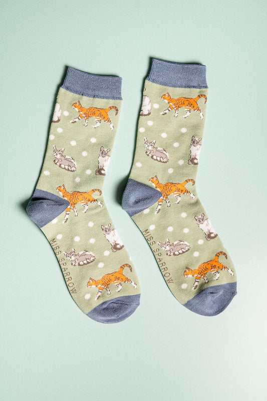 Cats Bamboo Socks Green | size 4-7