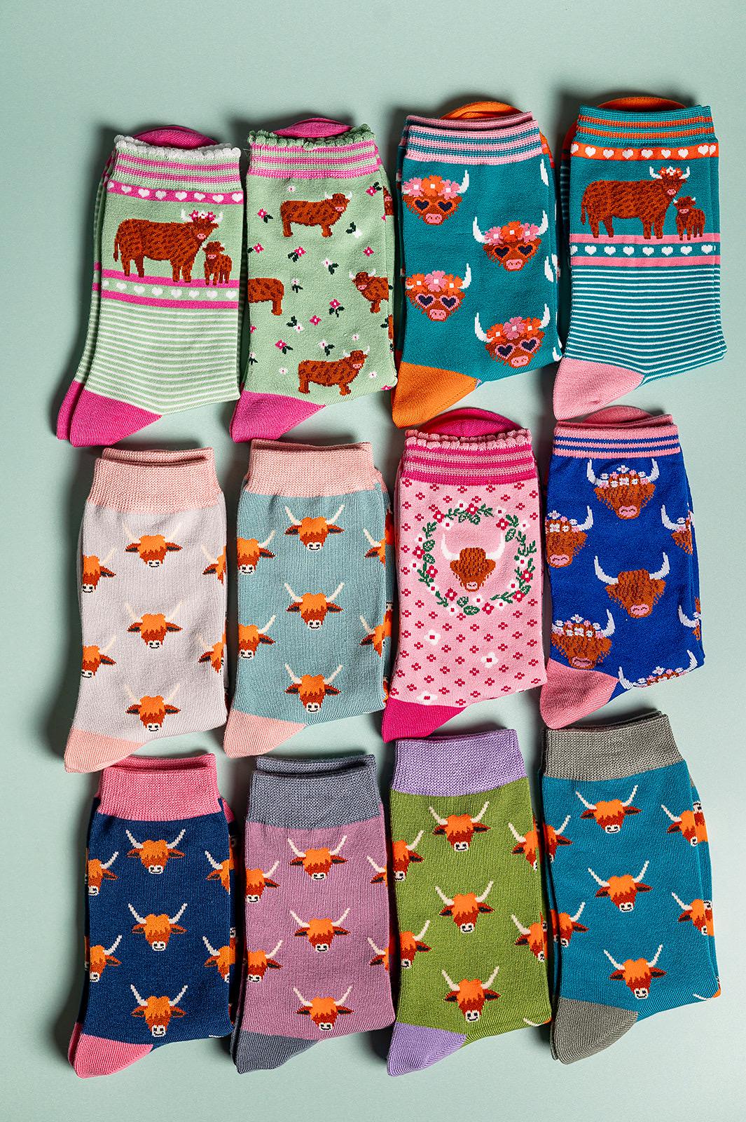 Ladies Highland Cow Bamboo Socks Navy | Blue | Pink
