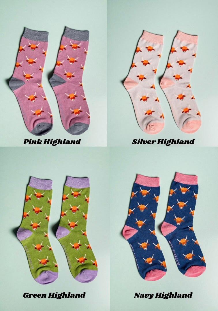 Ladies Highland Cow Bamboo Socks Navy | Blue | Pink