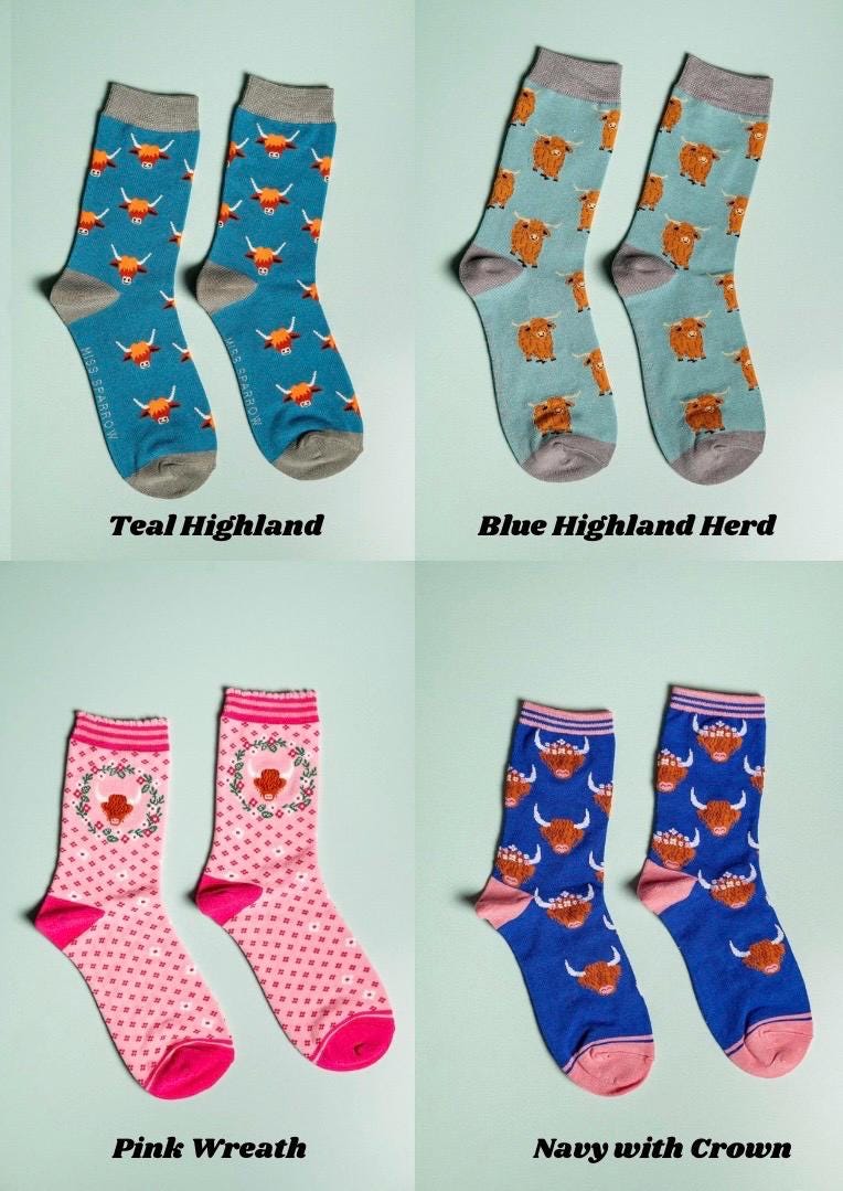 Ladies Highland Cow Bamboo Socks Navy | Blue | Pink