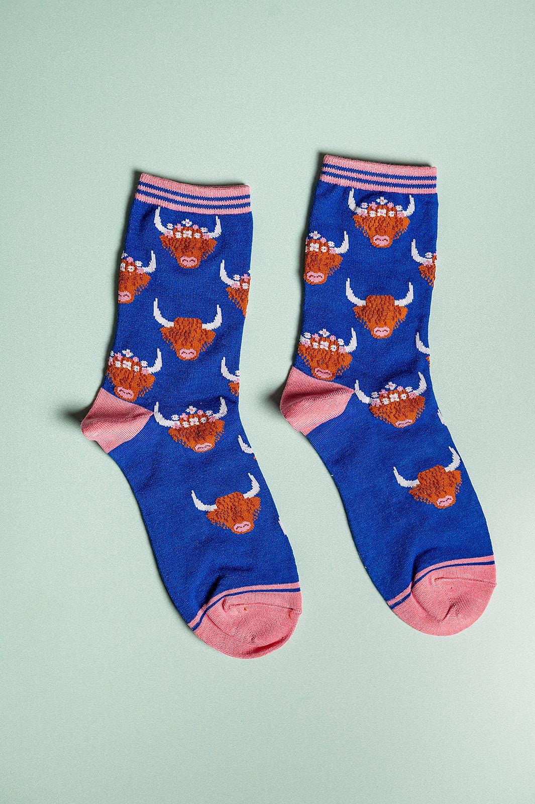 Ladies Highland Cow Bamboo Socks Navy | Blue | Pink