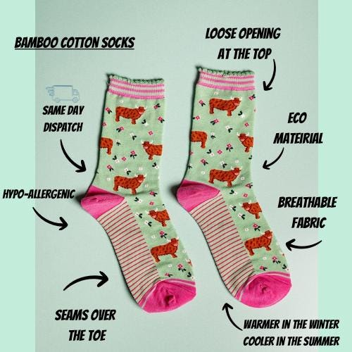 Ladies Highland Cow Bamboo Socks Navy | Blue | Pink