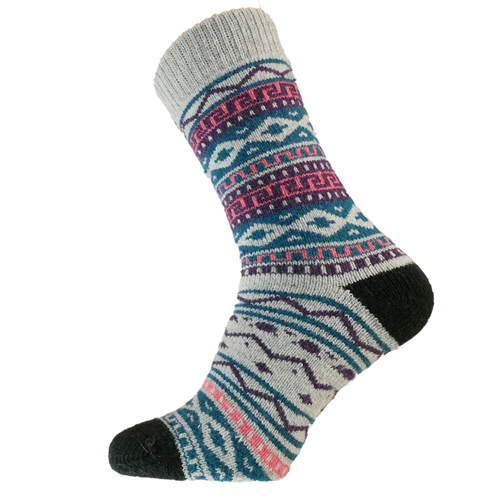 Grey, blue and purple patterned wool blend socks