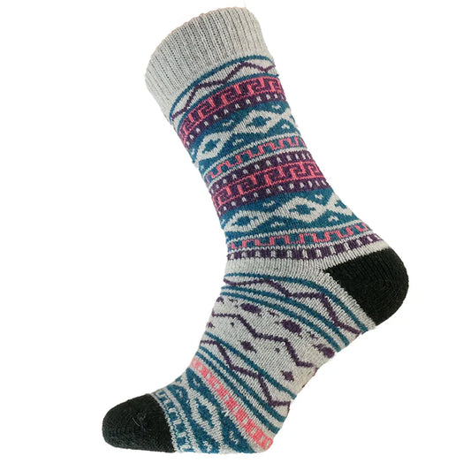Grey, blue and purple patterned wool blend socks