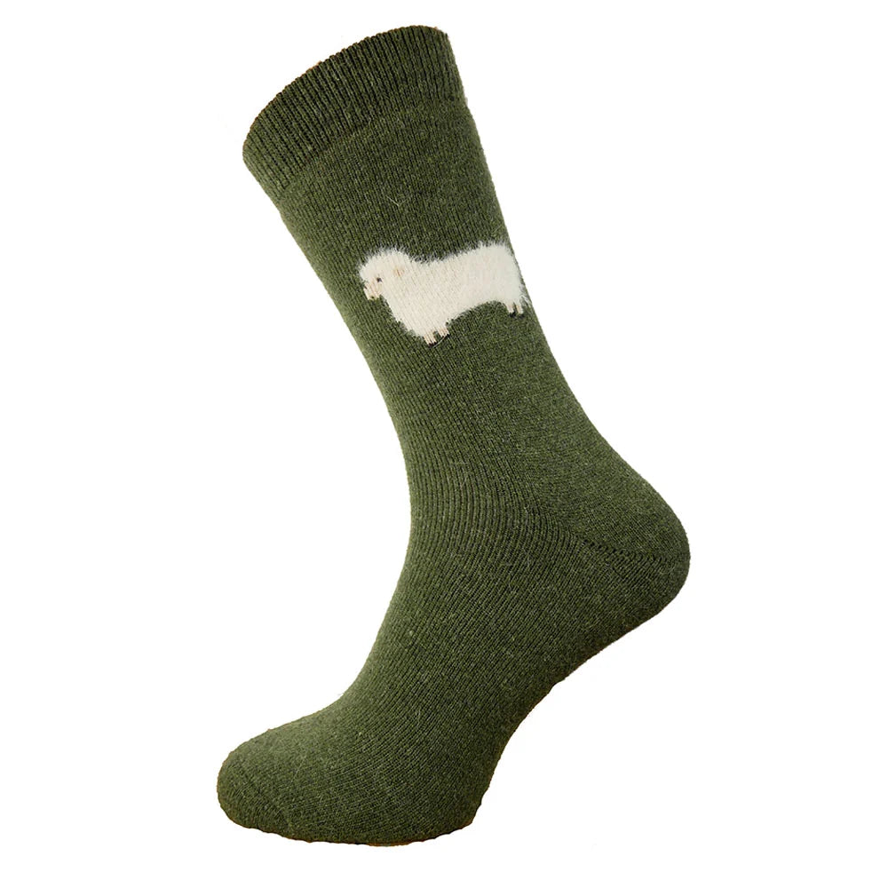 Green Wool Blend socks with fluffy sheep