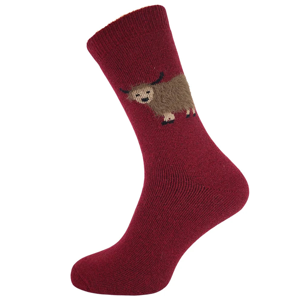 Maroon Wool Blend socks with fluffy cow size 8-12