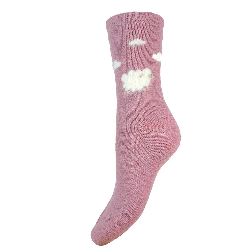 Pink Wool Blend socks with Fluffy Sheep size 4-7