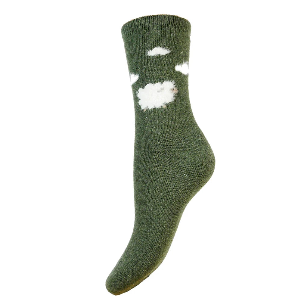 Green Wool Blend Socks with fluffy sheep