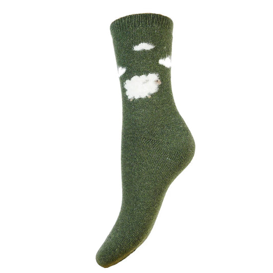 Green Wool Blend Socks with fluffy sheep