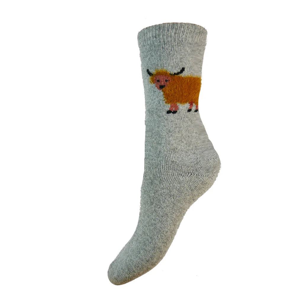 Grey Fluffy Highland Cow socks size 4-7