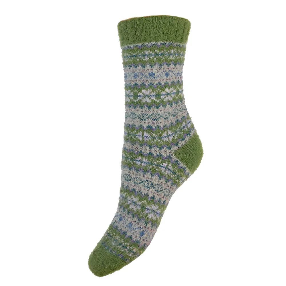Green tone fairisle wool blend socks